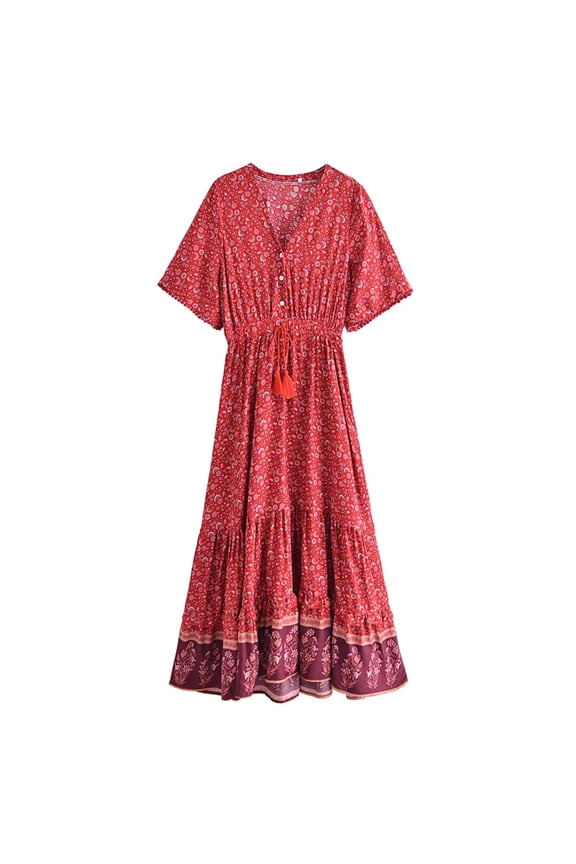 Vintage Fashion Women Flower Print V-neck Rayon Beach Bohemian Maxi Dress Ladies V Neck Tassel Summer Boho Dresses Robe