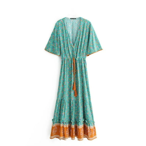 Vintage Fashion Women Flower Print V-neck Rayon Beach Bohemian Maxi Dress Ladies V Neck Tassel Summer Boho Dresses Robe