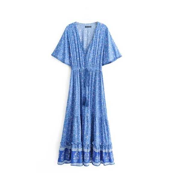 Vintage Fashion Women Flower Print V-neck Rayon Beach Bohemian Maxi Dress Ladies V Neck Tassel Summer Boho Dresses Robe
