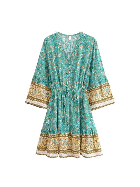 Vintage Fashion Women Hippie Wild Floral Print Bohemian Mini Dresses Summer Ladies Flare 3/4 Sleeve Rayon Holiday Boho Dress