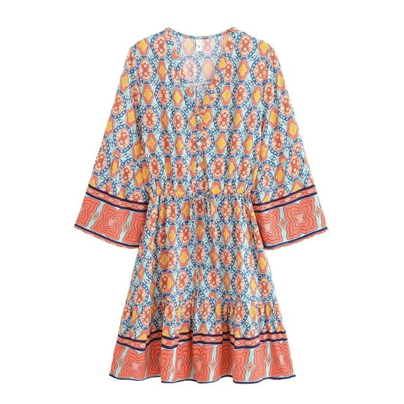 Vintage Fashion Women Hippie Wild Floral Print Bohemian Mini Dresses Summer Ladies Flare 3/4 Sleeve Rayon Holiday Boho Dress