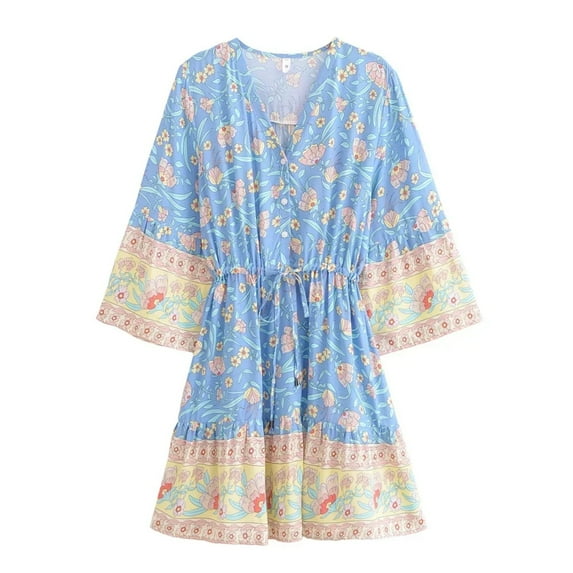 Vintage Fashion Women Hippie Wild Floral Print Bohemian Mini Dresses Summer Ladies Flare 3/4 Sleeve Rayon Holiday Boho Dress