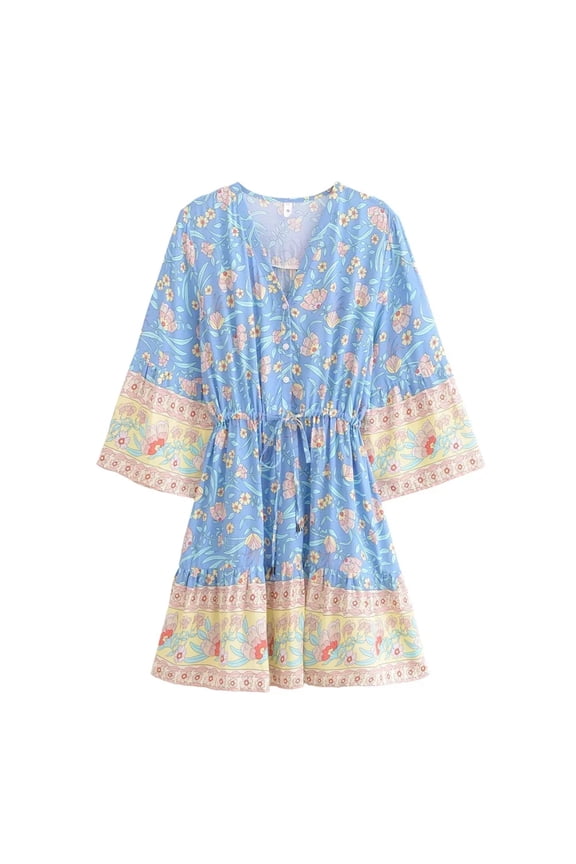 Vintage Fashion Women Hippie Wild Floral Print Bohemian Mini Dresses Summer Ladies Flare 3/4 Sleeve Rayon Holiday Boho Dress