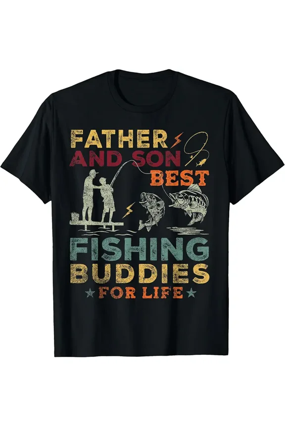 Vintage Father Son Fishing Buddies Graphic Gift for Dad Men Unisex Short Sleeve Casual T-Shirt