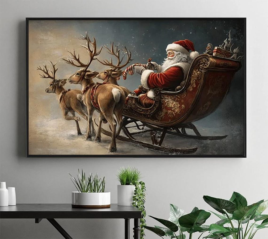 Vintage Father Winter On Sleigh With Reindeers Poster, Santa Claus ...