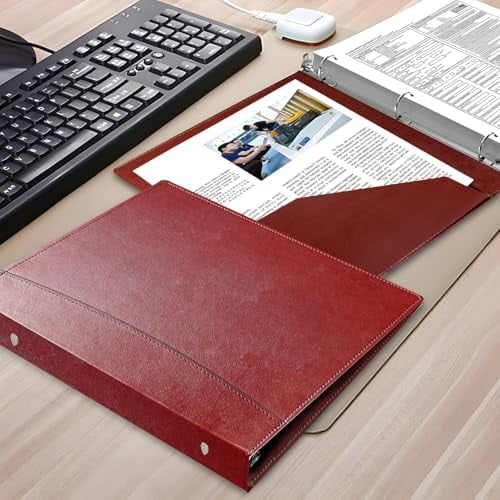 Vintage Faux Leather 3-Ring Binder, 2-Inch Spine, Round Ring, Fits Letter Size 8.5" x 11" Paper, Built-in Interior Pockets, Professional Document Binder (Red, 2 Inch)