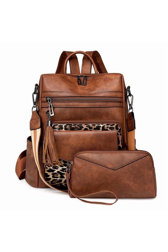 "Vintage Faux Leather Backpack for Women - Multi - Pocket Convertible Daypack with Adjustable Straps. Free Matching Mini Leather Pouch Included! Available in Multiple Solid Colors