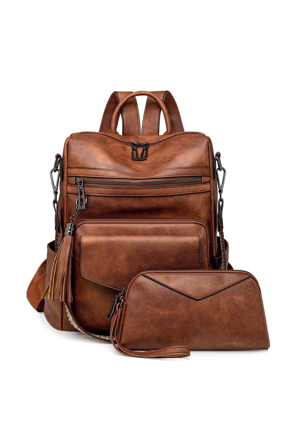 "Vintage Faux Leather Backpack for Women - Multi - Pocket Convertible Daypack with Adjustable Straps. Free Matching Mini Leather Pouch Included! Available in Multiple Solid Colors