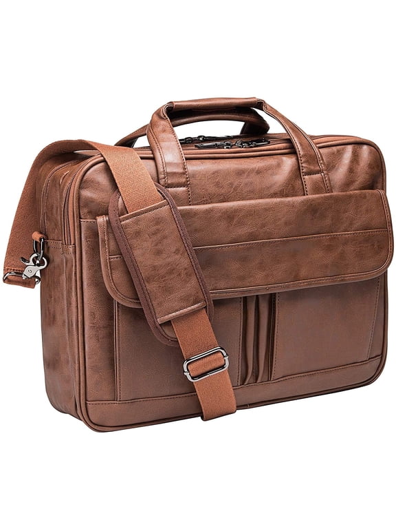 Vintage Faux Leather Business Briefcase Laptop Bag, Large 15.6 Inch Computer Messenger Bag, Water Resistant Office Handbag with Detachable Shoulder Strap for Men Work Travel College Daily Use