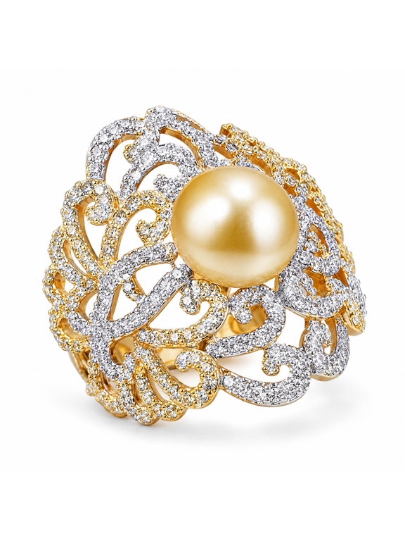 Vintage Faux Pearl Statement Ring for Women, Two-Tone Openwork Rhinestone Cocktail Ring with 10mm Golden Pearl