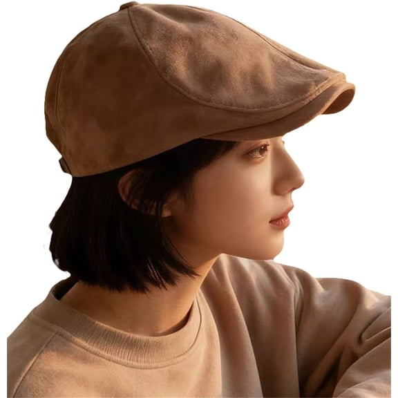 Vintage Faux Suede Newsboy Cap for Women British-Style Visors Soft Leather Casual Beret Hat for Autumn/Winter
