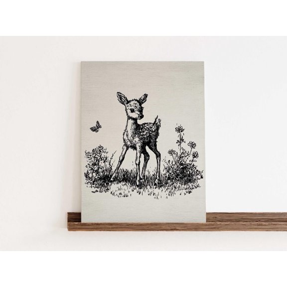 Vintage Fawn Sketch Woodland Nursery Wall Art Poster, Unframed Paper Poster 8x10in