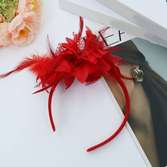 Vintage Feather Hair Band Flapper Headband for Masquerade or Birthday Party (Red)