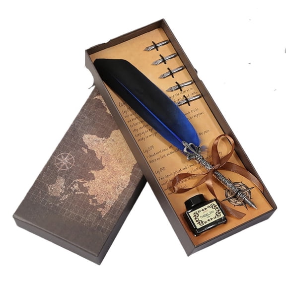 Vintage Feather Pen Gift Set with Crown Metal Pen, Map Design Box, Glass Inkwell, and Replacement Nibs for Elegant Writing