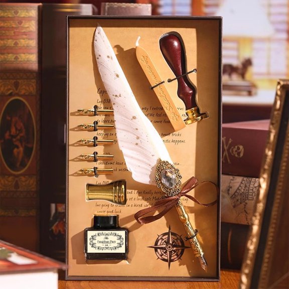 Vintage Feather Pen Quill Pen + 15ml, Antique Writing Gift for Writer, Incloud 5 Replacement Nibs Fire Paint Seals And A Matching Pen Stand