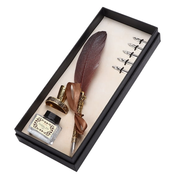 Vintage Feather Pen Set with Stainless Steel Nibs - Elegant Calligraphy Writing Instrument for Teachers and Elders - Brown
