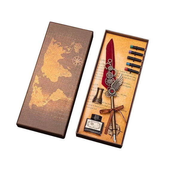 Vintage Feather Quill Pen Calligraphy Set with 5 Nibs, Ink for Premium Gift Writing, Signatures