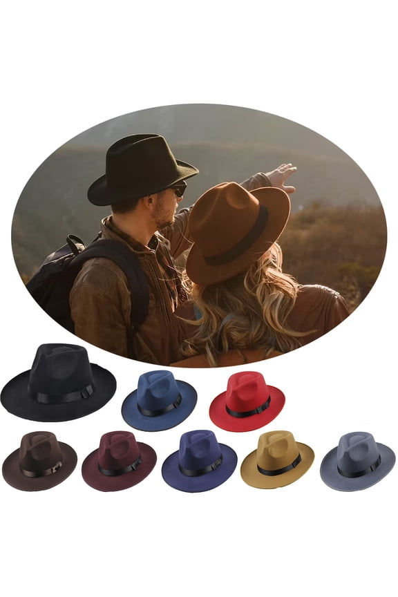 Vintage Fedora Hat – Wide Brim Felt Hat with Belt Buckle, Classic Western Style Hat for Travel Hiking, Retro Adventure Cap for Music Festival Country Party, Adjustable