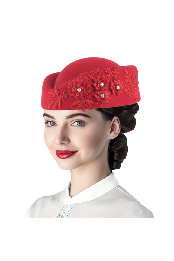Vintage Felt Beret Hat for Women Lace Embroidery Derby Church Cap Artist Hat