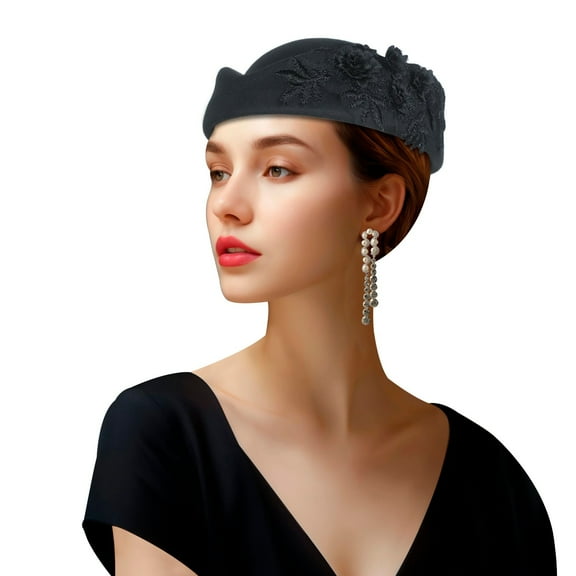Vintage Felt Beret Women African Inspired Floral Embroidery Round Top Church Hat