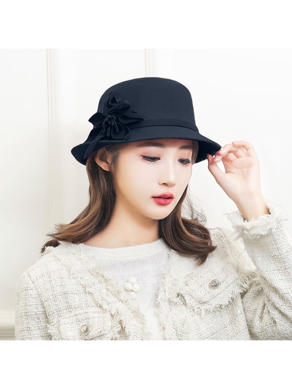 Vintage Felt Cloche Hat LSONABXA Imitation Wool Flowers Bucket Cloche Bowler Hat Flat Brim Inner Lining Winter Spring Autumn Wedding Tea Parties Daily Wear Black