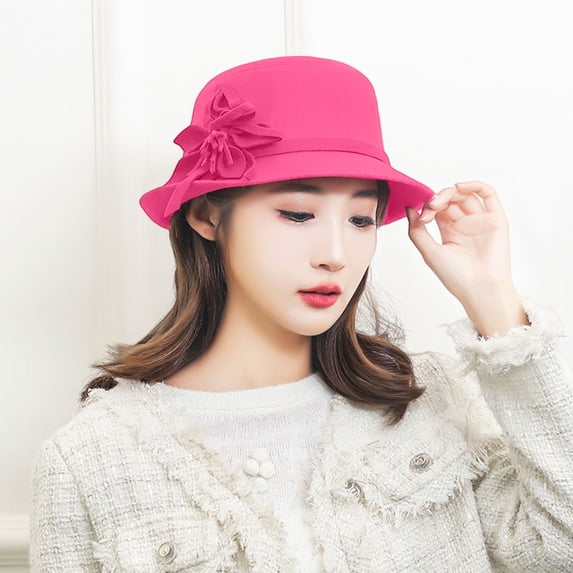 Vintage Felt Cloche Hat LSONABXA Imitation Wool Flowers Bucket Cloche Bowler Hat Flat Brim Inner Lining Winter Spring Autumn Wedding Tea Parties Daily Wear Black