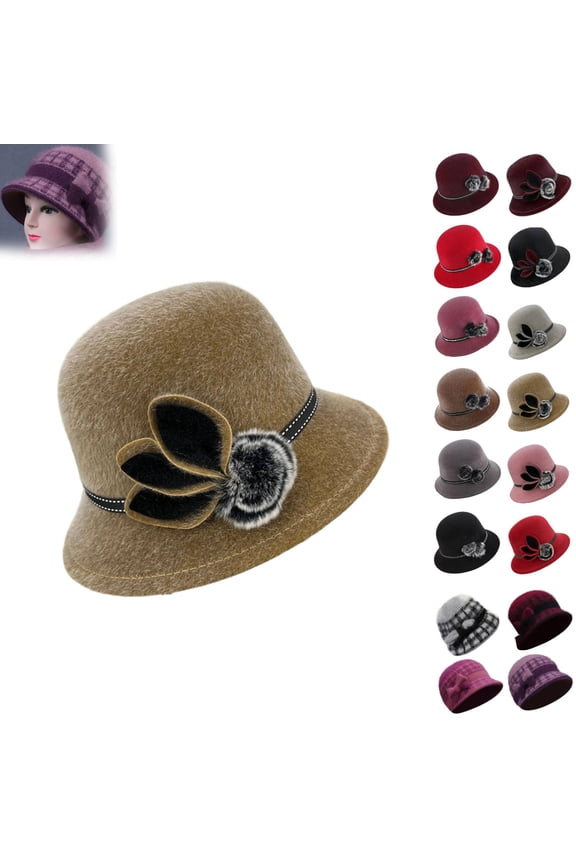 Vintage Felt Cloche Hat Winter Floral Fedora Bucket Hat Bowler Hats, Khaki