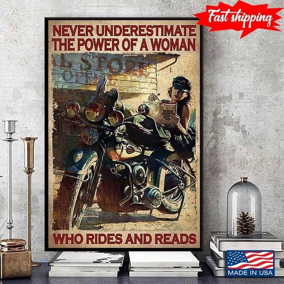 Vintage Female Biker Sitting On Bike Reading Book Never Underestimate ...