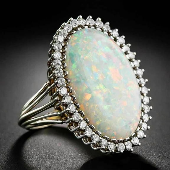 Vintage Female White Oval Opal Ring Classic Silver Color Thin Ring Dainty Crystal Rings