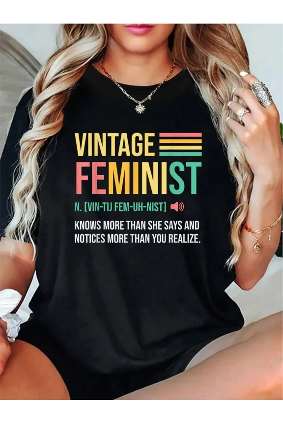 Vintage Feminist Definition Retro Graphic T-Shirt Empowering Women's Short Sleeve Tee Funny Sarcastic Statement Top