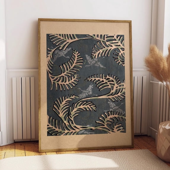 Earthy Library Vintage Fern And Crane Poster, Antique Slate Blue Botanical, Earthy ...