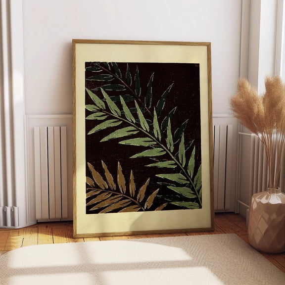 Vintage Fern Wall Art Print, Japanese Woodblock Style Botanical Poster, Green Nature Decor, Japandi Organic, Home Aesthetic, Art, Unfreamed 8x12