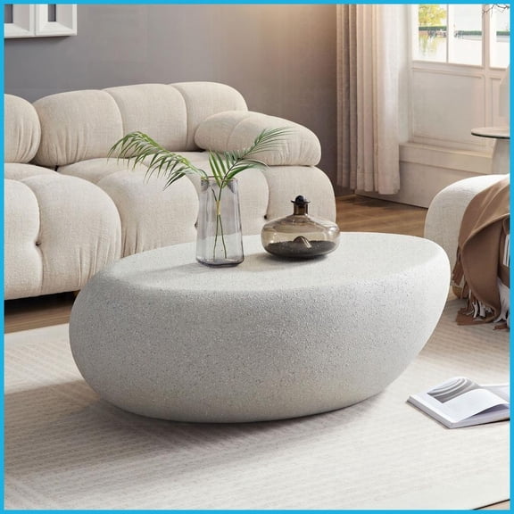 Vintage Fiberglass Coffee Table, 43.3'' Matte Rocks Design - No Assembly, Easy-Clean Round Edge for Living Room