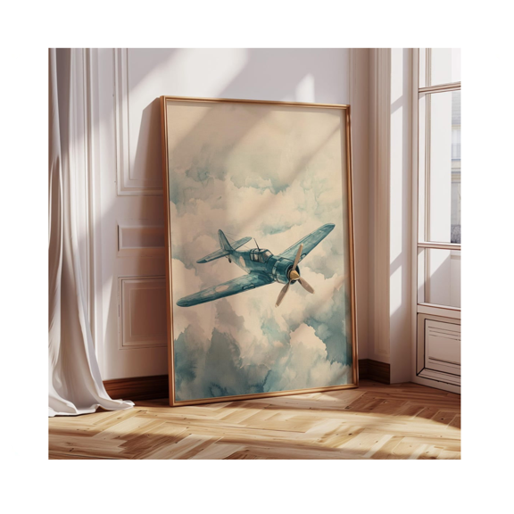 Vintage Fighter Plane Print Retro Aviation Wall Art Blue Sky Airplane Decor Pilot Gift Cloud Flight Illustration Wall Art