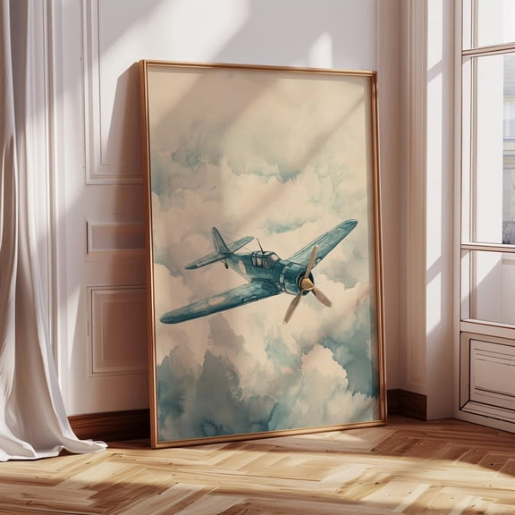 Vintage Fighter Plane Watercolor Style Print, Retro Aviation Wall Art, Blue Sky Airplane Decor, Pilot Gift, Cloud Flight Illustration UNFRAMED