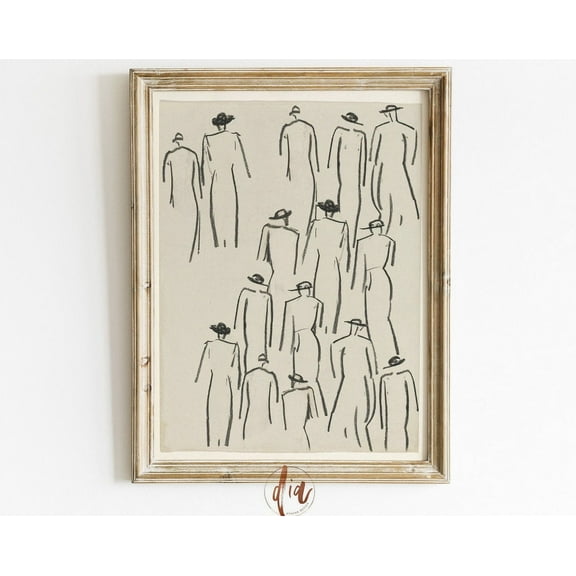 Vintage Figure Art, Vintage Charcoal Drawing, Sketch Art, Antique Drawing, Abstract Line Art, Male Figures With Hats Wall Art, Modern Wall Decor, 24x36 UNFRAMED