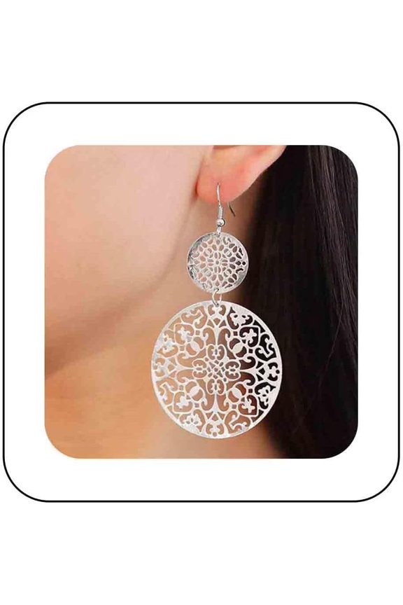 Vintage Filigree Disc Drop Earrings Gold Filigree Circle Dangle Hook Earrings Ethnic Carved Flower Earrings Filigree Hollow Disc Circle Earrings Jewelry for Women