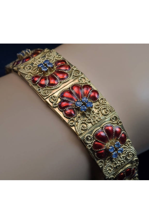 Vintage Filigree Gold, Enamel, Sapphire Bracelet