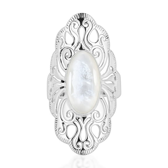 Vintage Filigree Swirl Beauty Oval Mother of Pearl Sterling Silver Ring-8