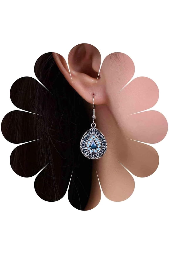 Vintage Filigree Teardrop Dangle Earrings Silver Waterdrop Earrings Tribal Ethnic Teardrop Earrings Large Enamel Teardrop Hook Earrings Jewelry for Women