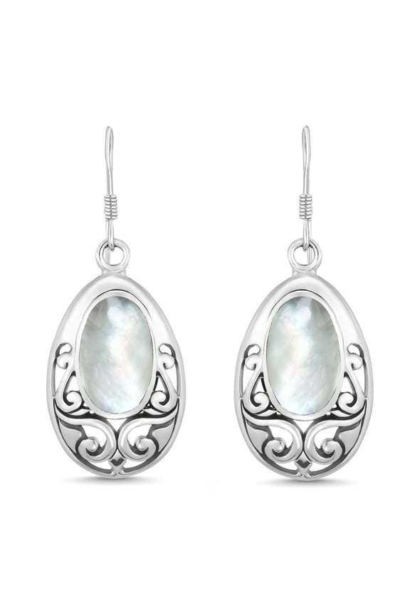 Vintage Filigree in Oval White Pearl Sterling Silver Balinese Dangle Earrings