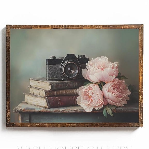 Vintage Film Camera Vintage Book Wall Art Vintage Camera Art Poster Peony Cottagecore Wall Decor Dark Academia Wall Art, 24x36 UNFRAMED
