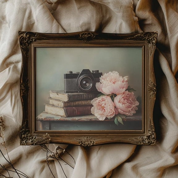 Vintage Film Camera Vintage Book Wall Art Vintage Camera Art Poster Peony Cottagecore Wall Decor Dark Academia Wall Art, F038, 8x12 UNFRAMED