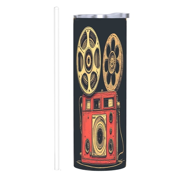 Vintage Film Reel Design 20 oz Stainless Steel Insulated Tumbler with Lid & Straw - Perfect Travel Mug for Home Office & Car
