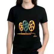 YIDUO Vintage Film Reels Graphic Cotton Short Sleeve T-Shirt for Women - Playful Nostalgic Design in Orange and Yellow