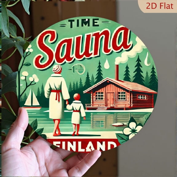 Vintage Finland Sauna Metal Wall Art 8x8 Inch Round Aluminum Sign Retro Scandinavian Cabin Scene Decor for Home Living Room Bedroom Wall Decor