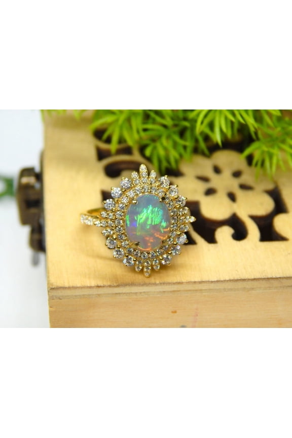 Vintage Fire Oval Opal ,Moissanite Cluster Ring, 925 Sterling Silver ,14K Yellow Gold Plated Fire Opal Engagement Rings