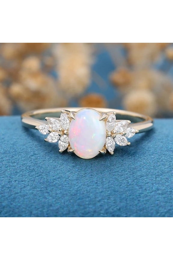 Vintage Fire Oval Opal Ring ,Moissanite Cluster, 925 Sterling Silver ,Yellow Gold Plated Fire Opal Engagement Rings