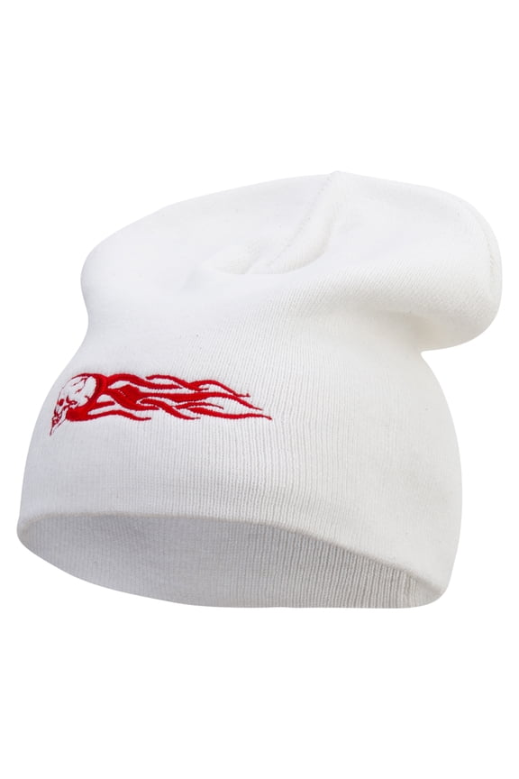 Vintage Fire Skull Logo Embroidered Big Size Superior Cotton Short Knit Beanie - White XL-3XL