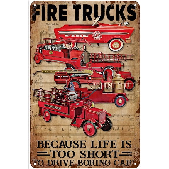 Vintage Fire Trucks Metal Tin Sign Wall Decor, Antique Car Poster, 8 x 12 Inch
